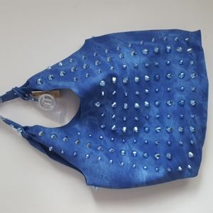 Traci Lynn blue denim one strap studded shoulder bag